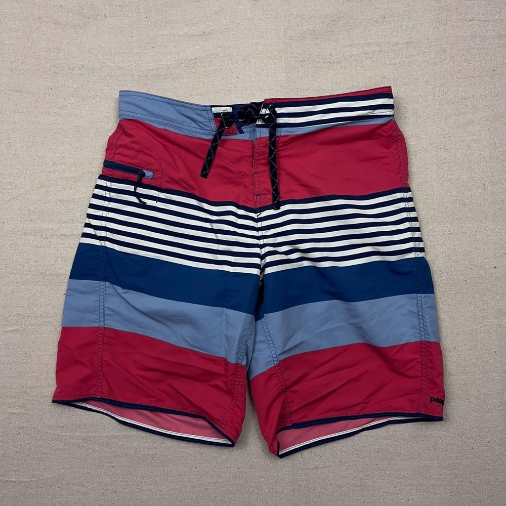 Patagonia Wavefarer Board Shorts Swim Trunks Multi Stripe Red Blue Mens Size 36